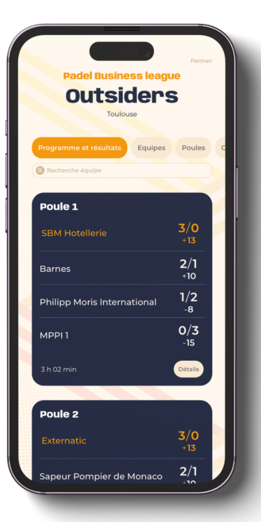vue des résultats d'une poule dans l'application